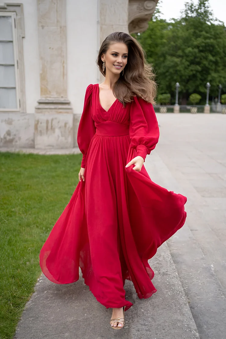 Abito da ballo Jimiss in chiffon con scollo a V e maniche lunghe, lungo fino al pavimento